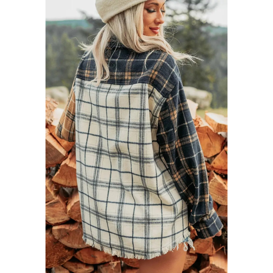 Multicolour Plaid Button-Up Long Sleeve Shift Silhouette Shacket Apparel and Accessories