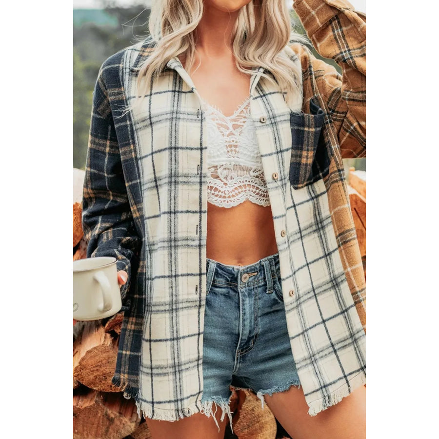 Multicolour Plaid Button-Up Long Sleeve Shift Silhouette Shacket Plaid / S Apparel and Accessories