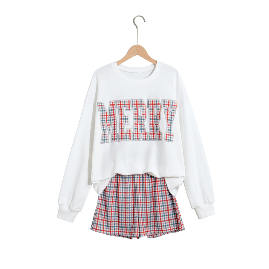 Multicolour Plaid MERRY Holiday Long Sleeve Top and Shorts Set Two Piece Sets/Short Sets