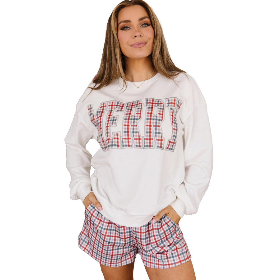 Multicolour Plaid MERRY Holiday Long Sleeve Top and Shorts Set Two Piece Sets/Short Sets