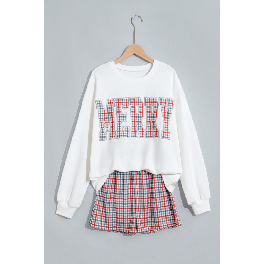 Multicolour Plaid MERRY Holiday Long Sleeve Top and Shorts Set Two Piece Sets/Short Sets
