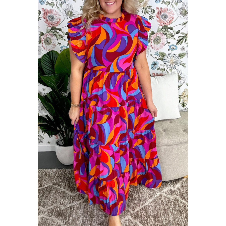 Multicolour Plus Abstract Print Ruffled Mock Neck Tiered Maxi Dress Multicolour / 1X / 100% Polyester Plus Size/Plus Size Dresses/Plus Size