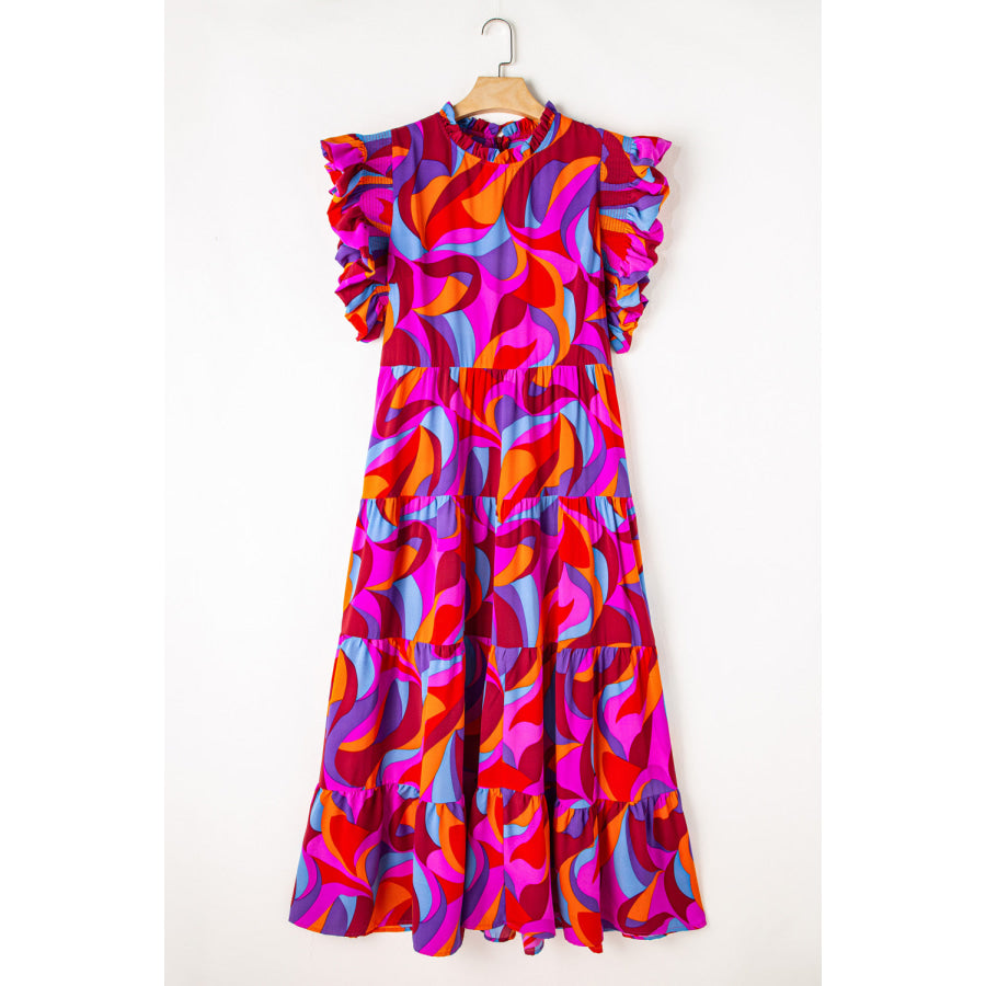 Multicolour Plus Abstract Print Ruffled Mock Neck Tiered Maxi Dress Plus Size/Plus Size Dresses/Plus Size Maxi Dresses