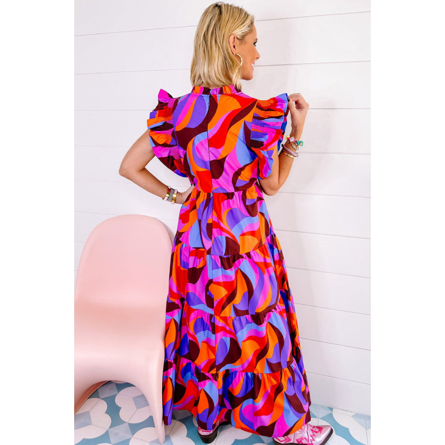 Multicolour Plus Abstract Print Ruffled Mock Neck Tiered Maxi Dress Plus Size/Plus Size Dresses/Plus Size Maxi Dresses