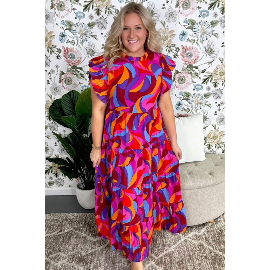 Multicolour Plus Abstract Print Ruffled Mock Neck Tiered Maxi Dress Plus Size/Plus Size Dresses/Plus Size Maxi Dresses