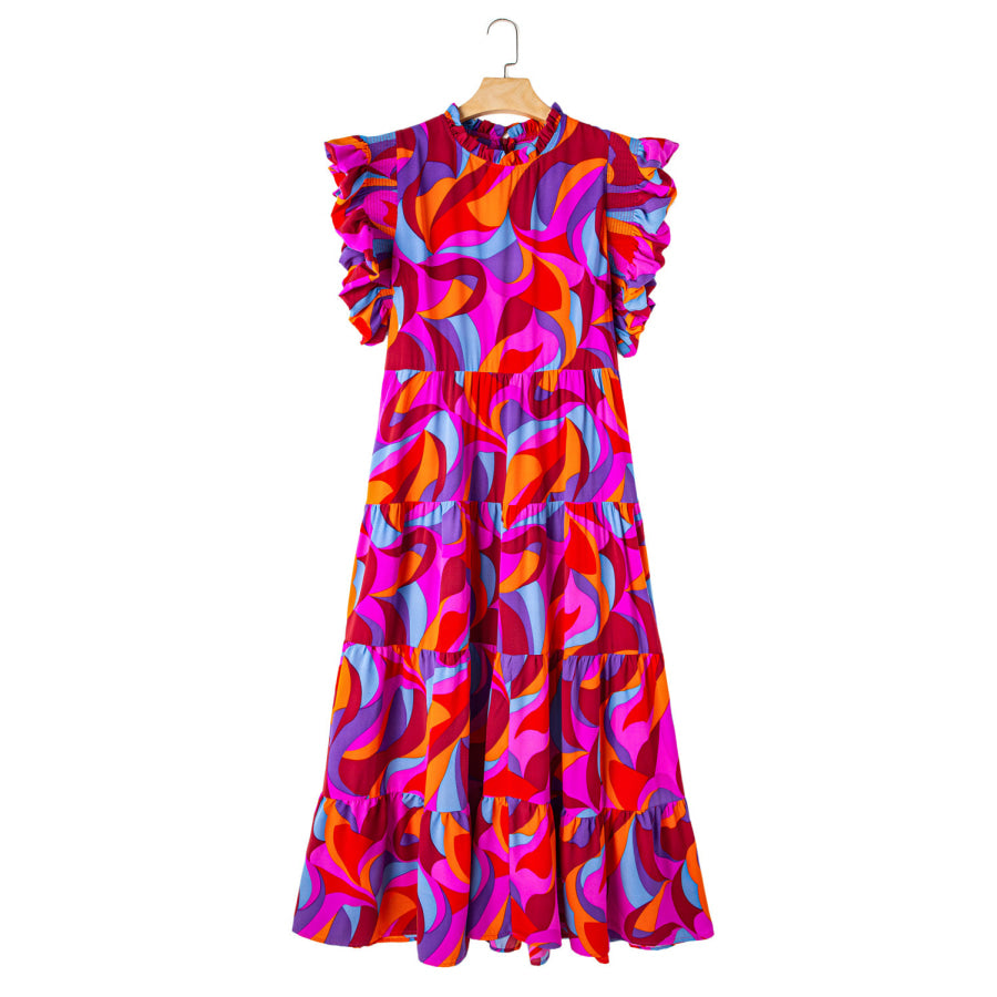 Multicolour Plus Abstract Print Ruffled Mock Neck Tiered Maxi Dress Plus Size/Plus Size Dresses/Plus Size Maxi Dresses