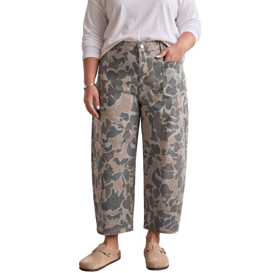 Multicolour Plus Size Camouflage Print High Rise Barrel Jeans Size/Plus Bottoms