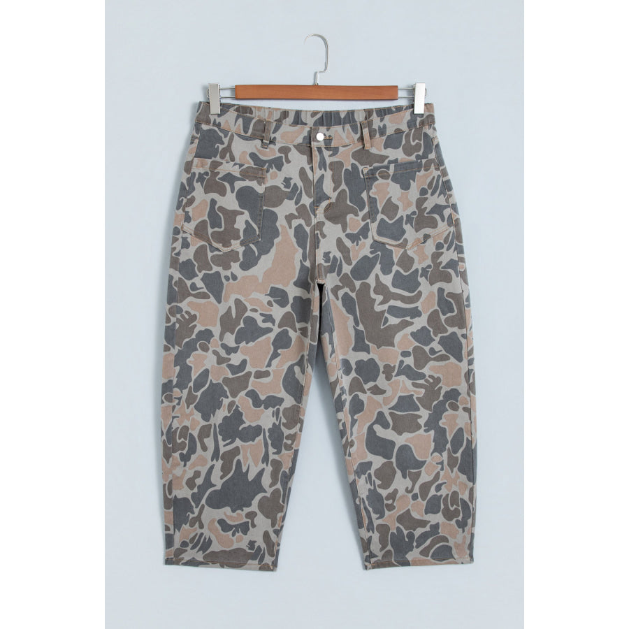 Multicolour Plus Size Camouflage Print High Rise Barrel Jeans Size/Plus Bottoms
