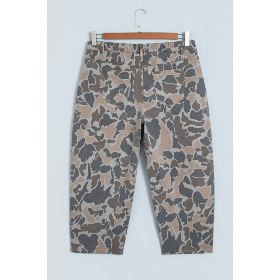 Multicolour Plus Size Camouflage Print High Rise Barrel Jeans Size/Plus Bottoms
