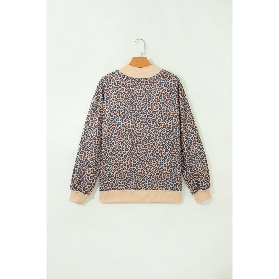 Multicolour Plus Size Leopard Print Ribbed Color Block Mock Neck Tunic Sweatshirt / 1X Size/Plus Sweatshirts & Hoodies
