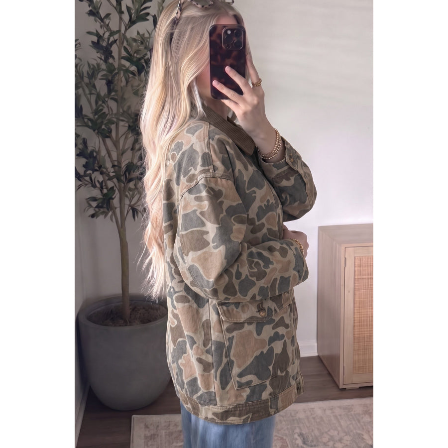 Multicolour Retro Camouflage Print Corduroy Contrast Collar Zip Denim Jacket Outerwear/Denim jackets