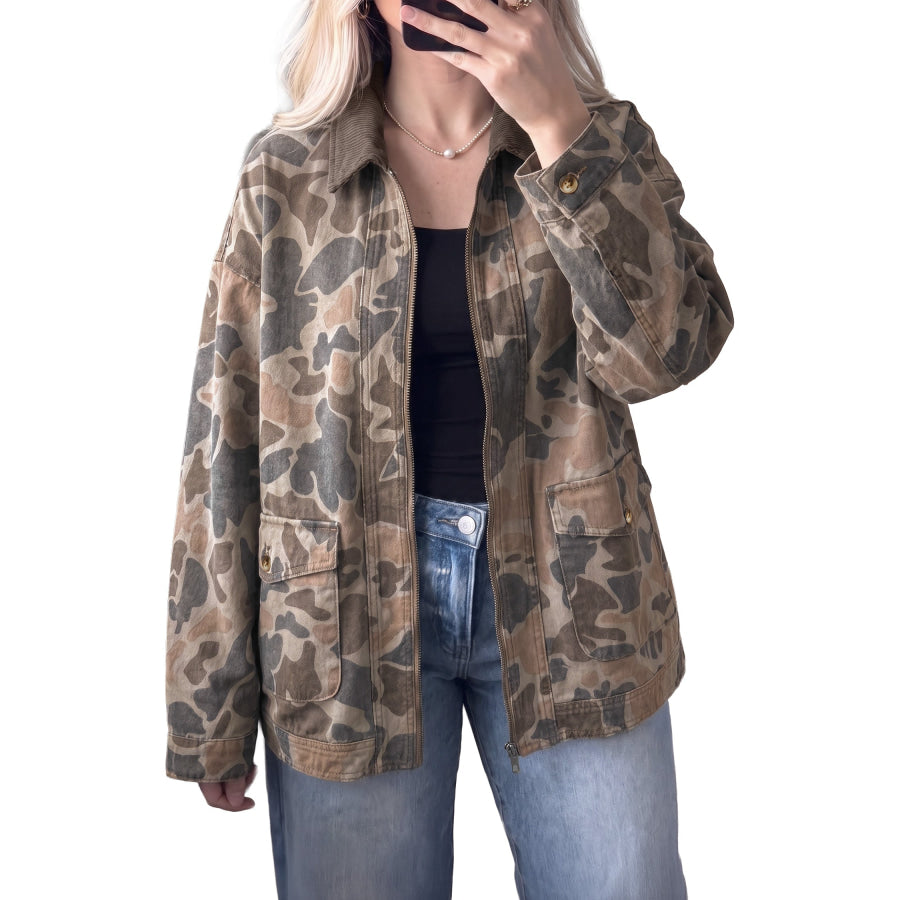 Multicolour Retro Camouflage Print Corduroy Contrast Collar Zip Denim Jacket Outerwear/Denim jackets