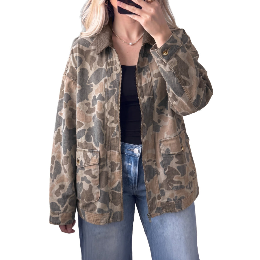 Multicolour Retro Camouflage Print Corduroy Contrast Collar Zip Denim Jacket Outerwear/Denim jackets