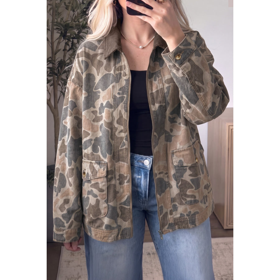 Multicolour Retro Camouflage Print Corduroy Contrast Collar Zip Denim Jacket Outerwear/Denim jackets