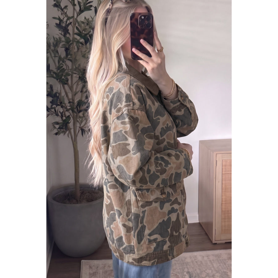 Multicolour Retro Camouflage Print Corduroy Contrast Collar Zip Denim Jacket / S Outerwear/Denim jackets