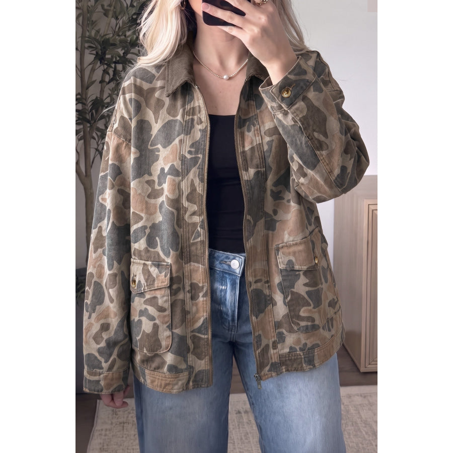 Multicolour Retro Camouflage Print Corduroy Contrast Collar Zip Denim Jacket / S Outerwear/Denim jackets