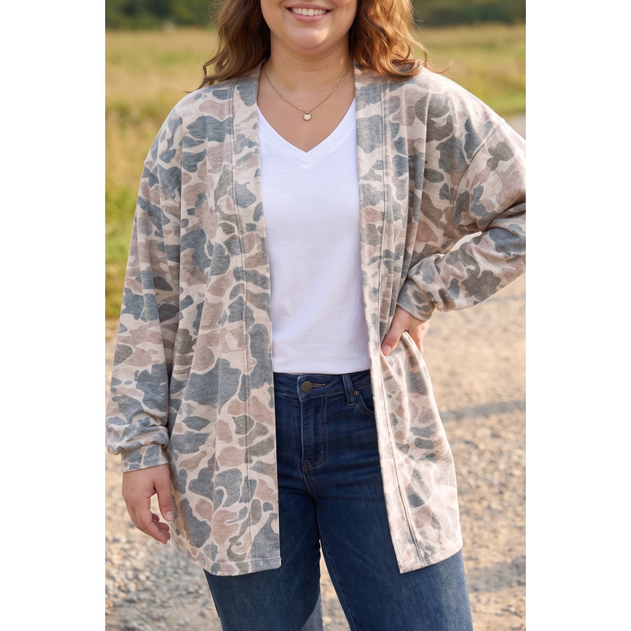 Multicolour Retro Camouflage Print Plus Size Open Tunic Cardigan / 1X Size/Plus Outerwear
