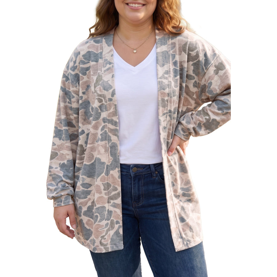 Multicolour Retro Camouflage Print Plus Size Open Tunic Cardigan / 1X Size/Plus Outerwear