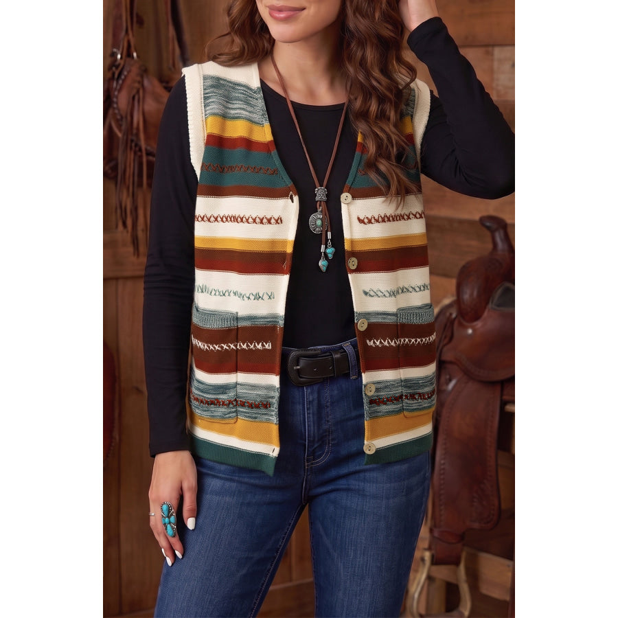 Multicolour Striped Button Front Sleeveless Knit Regular Fit Sweater Vest Multicolour / S Sweaters & Cardigans/Sweater Vests