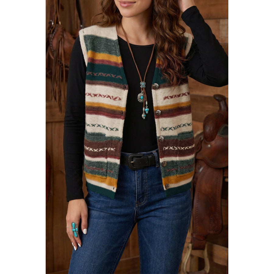 Multicolour Striped Button Front Sleeveless Knit Regular Fit Sweater Vest Multicolour / S Sweaters & Cardigans/Sweater Vests