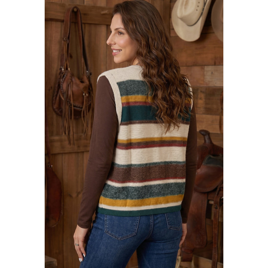 Multicolour Striped Button Front Sleeveless Knit Regular Fit Sweater Vest Sweaters & Cardigans/Sweater Vests
