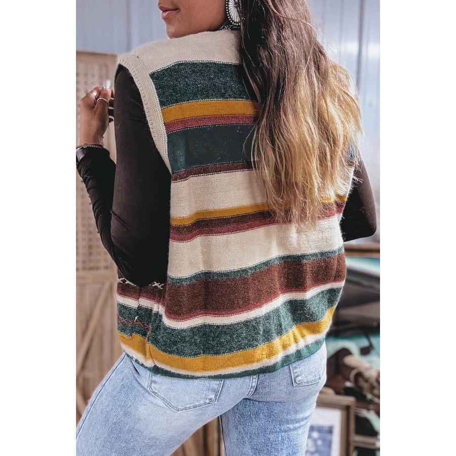 Multicolour Striped Button Front Sleeveless Knit Regular Fit Sweater Vest Sweaters & Cardigans/Sweater Vests