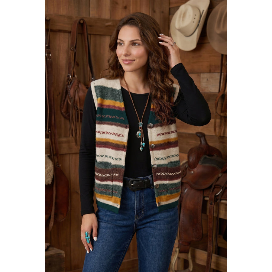 Multicolour Striped Button Front Sleeveless Knit Regular Fit Sweater Vest Sweaters & Cardigans/Sweater Vests