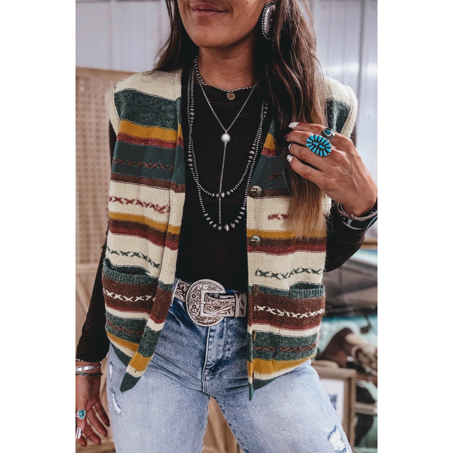 Multicolour Striped Button Front Sleeveless Knit Regular Fit Sweater Vest Sweaters & Cardigans/Sweater Vests