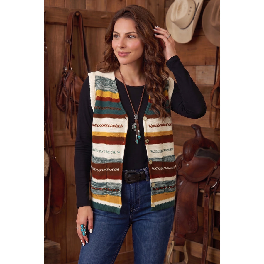 Multicolour Striped Button Front Sleeveless Knit Regular Fit Sweater Vest Sweaters & Cardigans/Sweater Vests