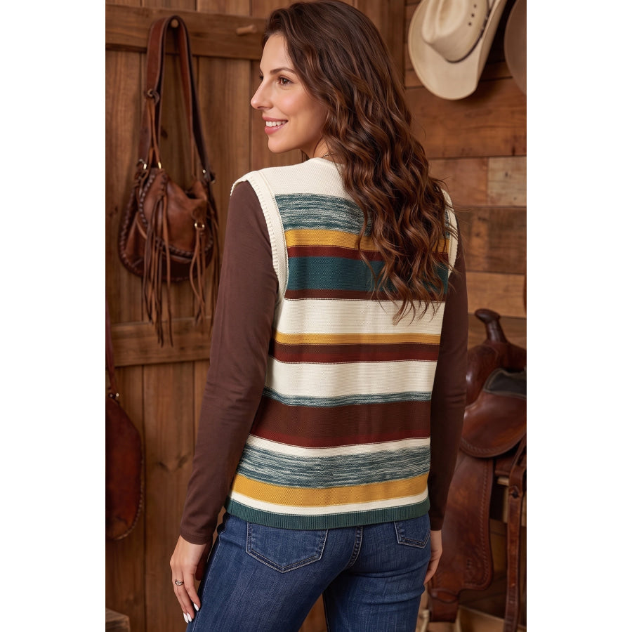 Multicolour Striped Button Front Sleeveless Knit Regular Fit Sweater Vest Sweaters & Cardigans/Sweater Vests