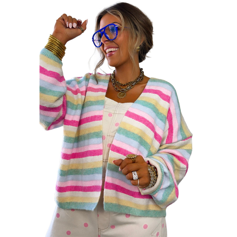 Multicolour Striped Knit Drop Shoulder Open Front Sweater Cardigan Sweaters & Cardigans/Cardigans