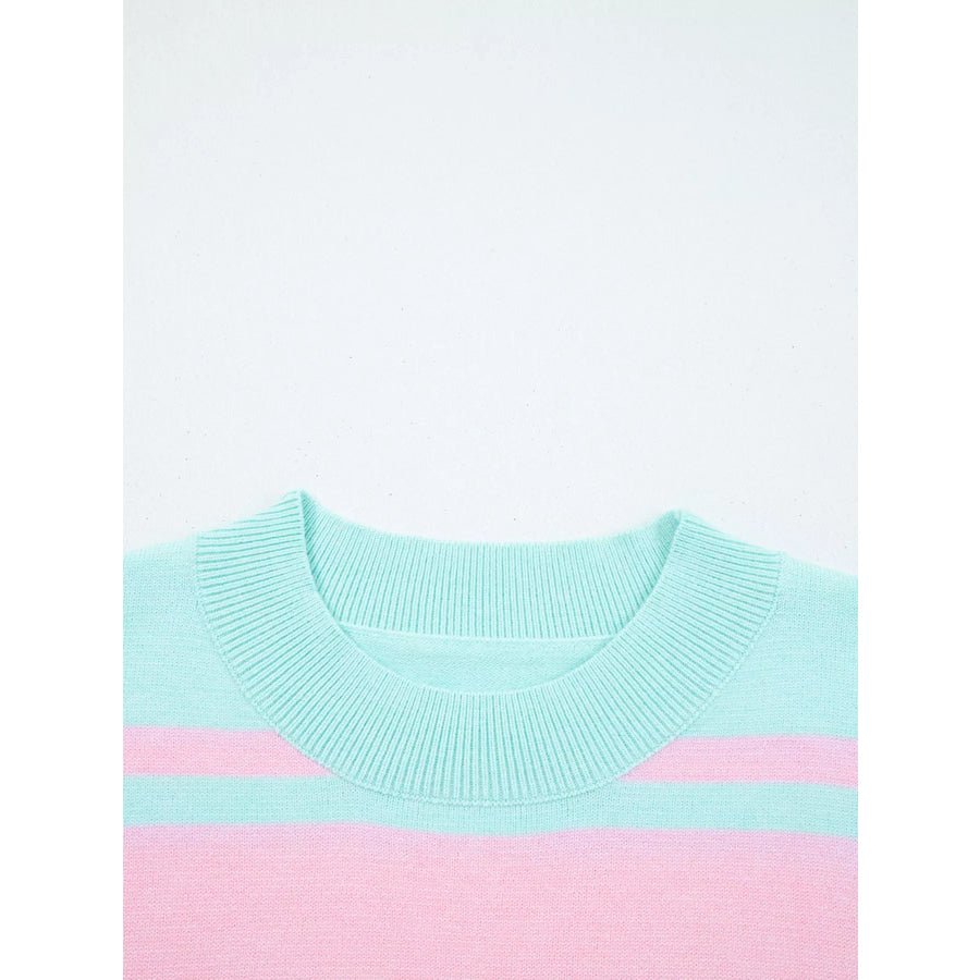 Multicolour Striped Knit Ribbed Trim Boxy Fit Cropped Sweater Apparel and Accessories
