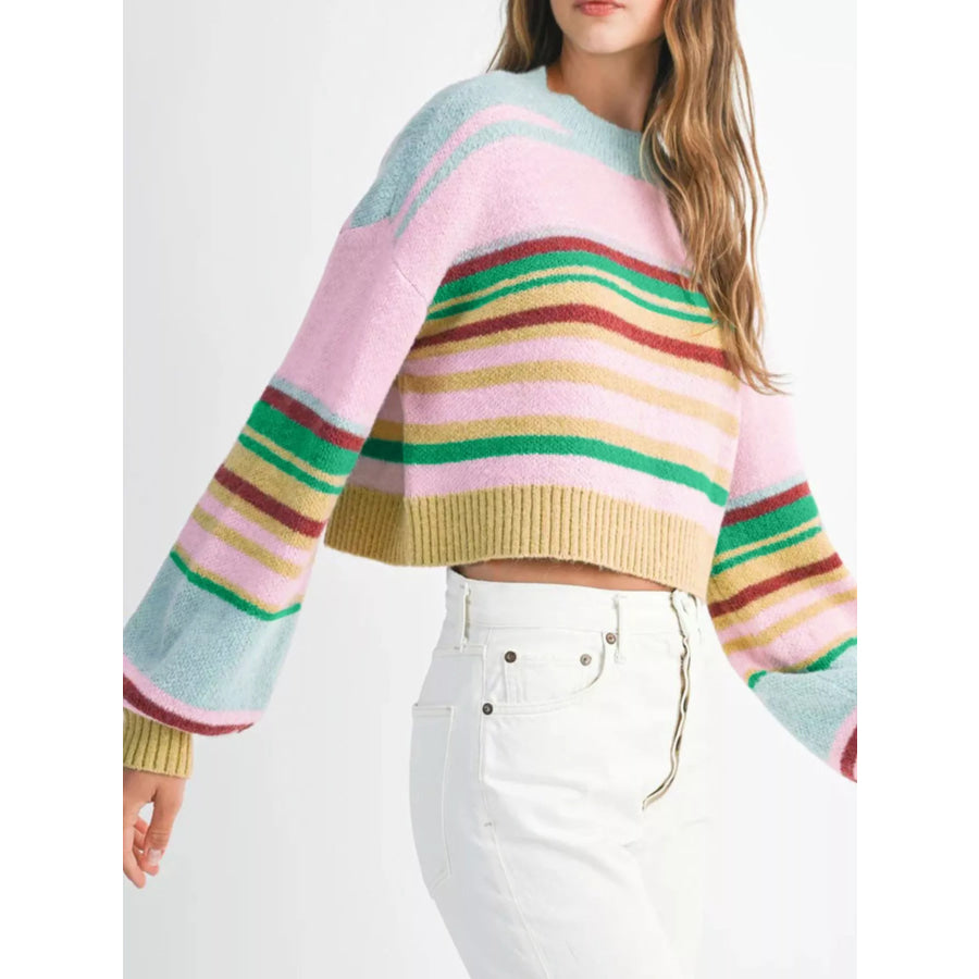 Multicolour Striped Knit Ribbed Trim Boxy Fit Cropped Sweater Apparel and Accessories
