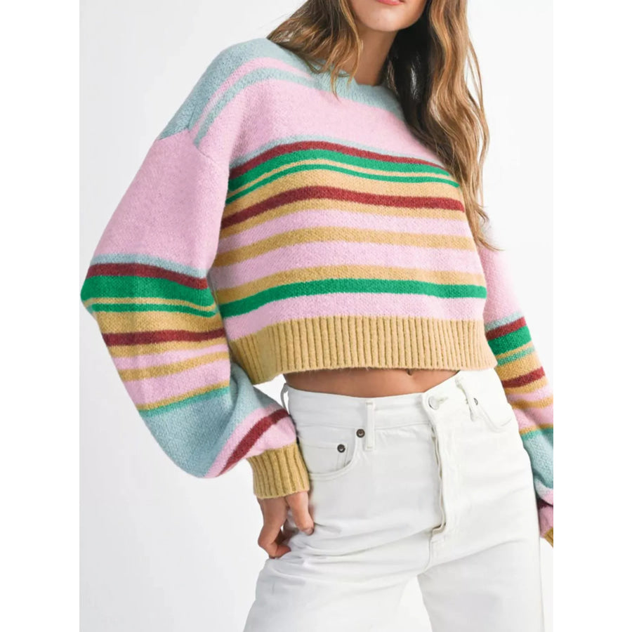Multicolour Striped Knit Ribbed Trim Boxy Fit Cropped Sweater Apparel and Accessories