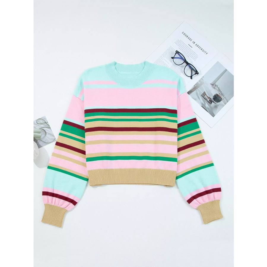 Multicolour Striped Knit Ribbed Trim Boxy Fit Cropped Sweater Apparel and Accessories