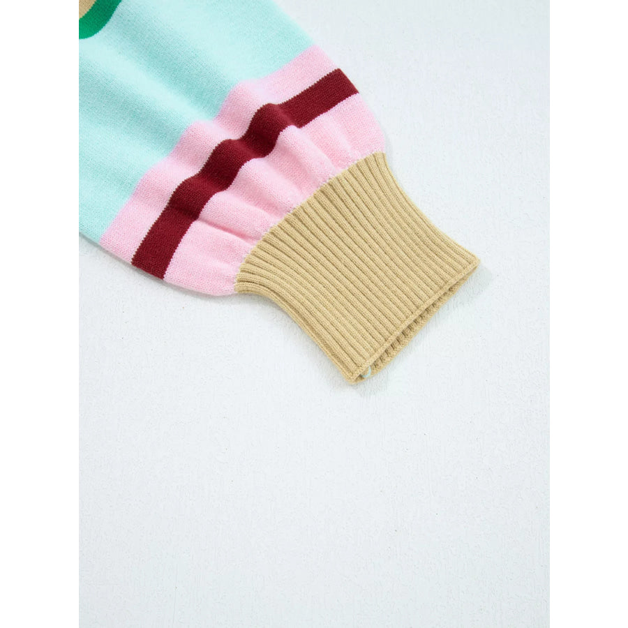 Multicolour Striped Knit Ribbed Trim Boxy Fit Cropped Sweater Apparel and Accessories
