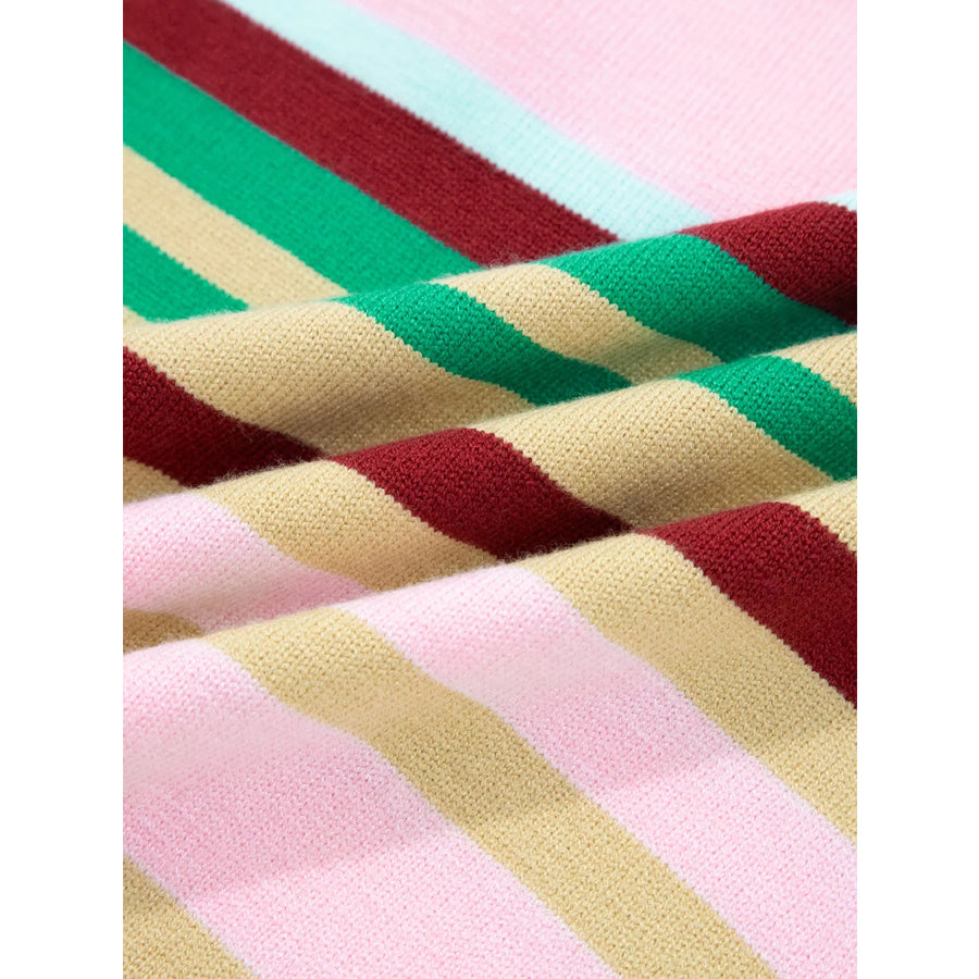 Multicolour Striped Knit Ribbed Trim Boxy Fit Cropped Sweater Apparel and Accessories