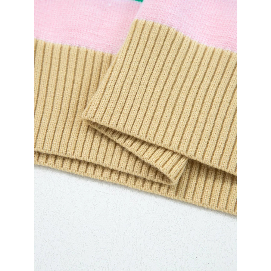 Multicolour Striped Knit Ribbed Trim Boxy Fit Cropped Sweater Apparel and Accessories