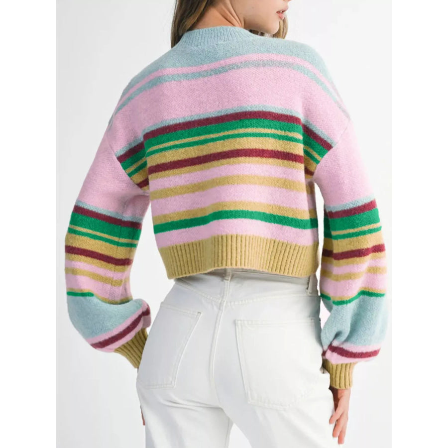 Multicolour Striped Knit Ribbed Trim Boxy Fit Cropped Sweater Apparel and Accessories