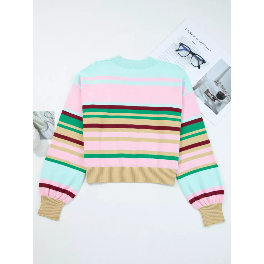 Multicolour Striped Knit Ribbed Trim Boxy Fit Cropped Sweater Apparel and Accessories