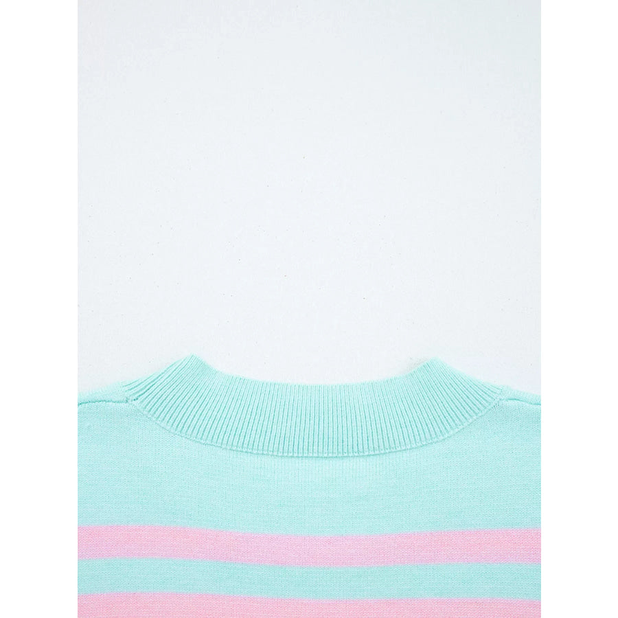Multicolour Striped Knit Ribbed Trim Boxy Fit Cropped Sweater Apparel and Accessories