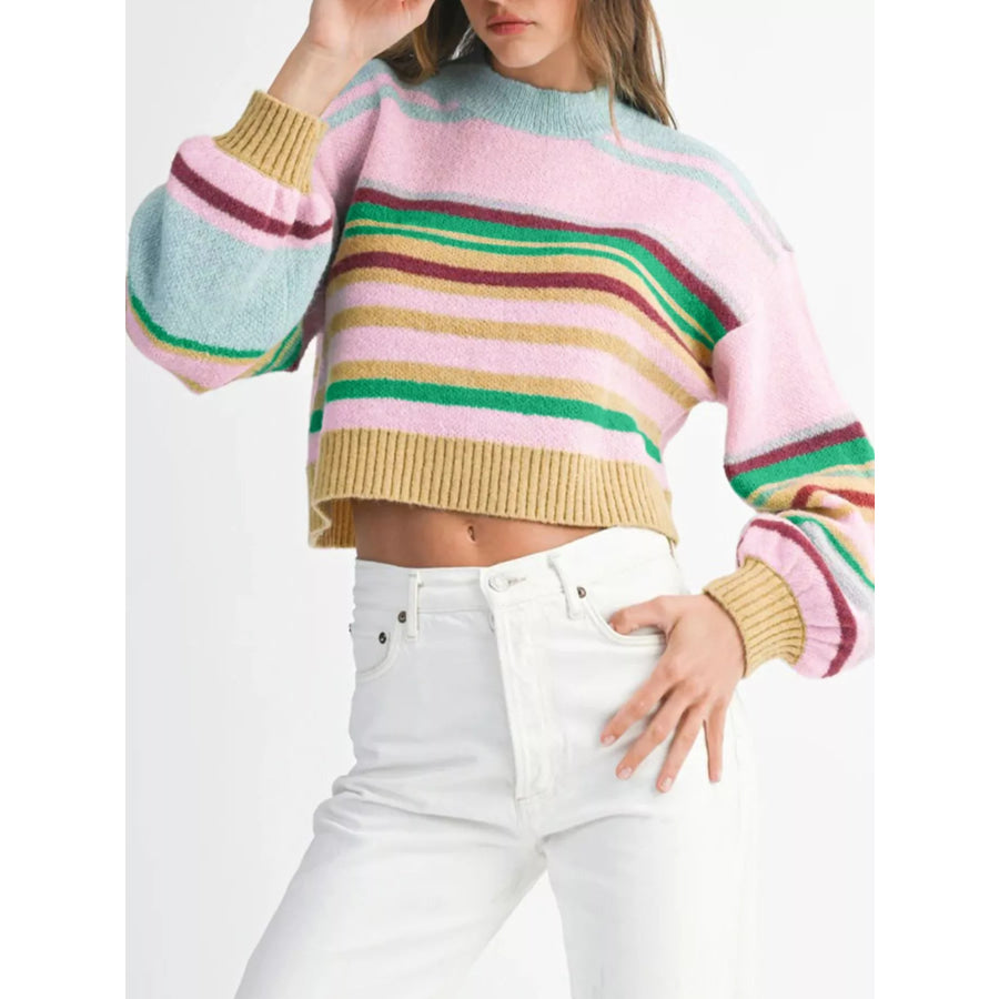 Multicolour Striped Knit Ribbed Trim Boxy Fit Cropped Sweater Apparel and Accessories