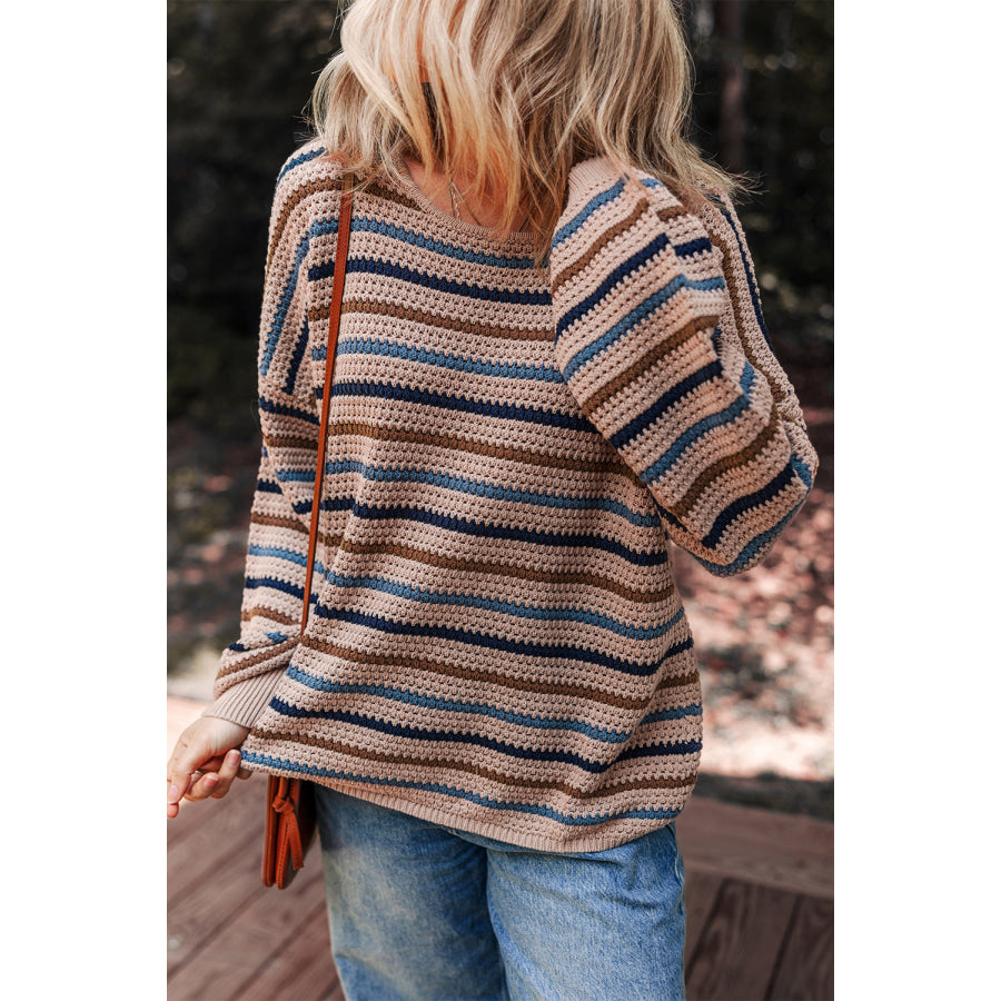 Multicolour Striped Knitted Drop Shoulder Round Neck Sweater Multicolour / S / 55% Acrylic + 45% Cotton Sweaters & Cardigans/Sweaters