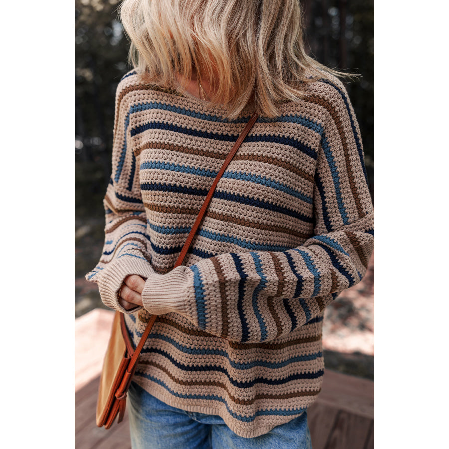 Multicolour Striped Knitted Drop Shoulder Round Neck Sweater Sweaters & Cardigans/Sweaters
