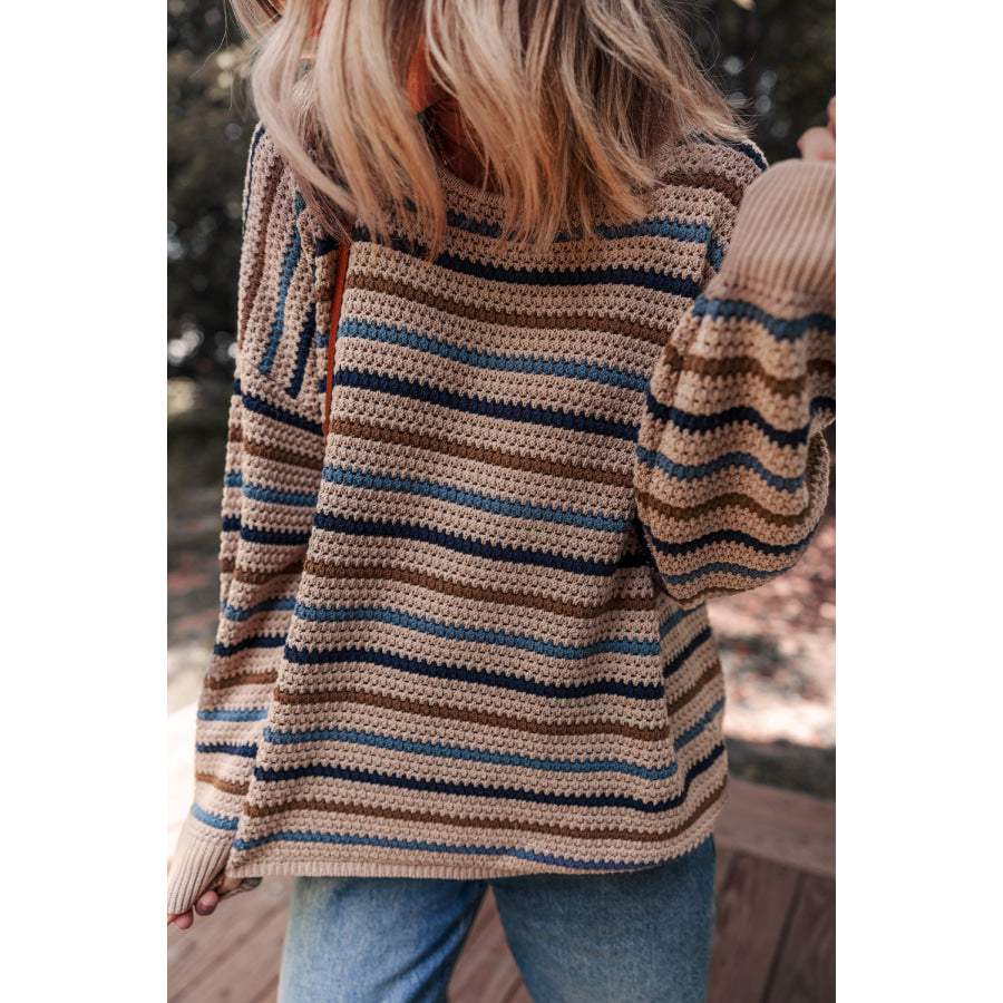 Multicolour Striped Knitted Drop Shoulder Round Neck Sweater Sweaters & Cardigans/Sweaters
