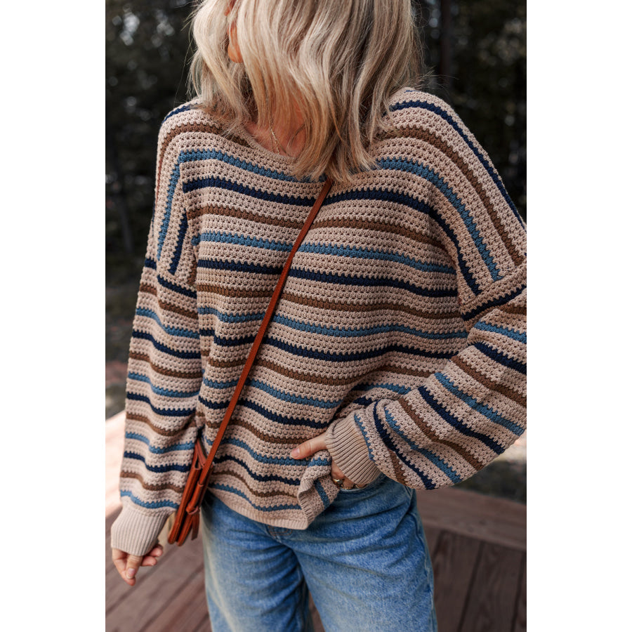 Multicolour Striped Knitted Drop Shoulder Round Neck Sweater Sweaters & Cardigans/Sweaters
