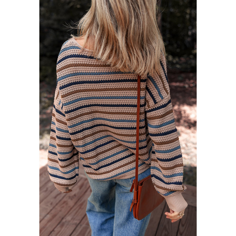 Multicolour Striped Knitted Drop Shoulder Round Neck Sweater Multicolour / S / 55% Acrylic + 45% Cotton Sweaters & Cardigans/Sweaters