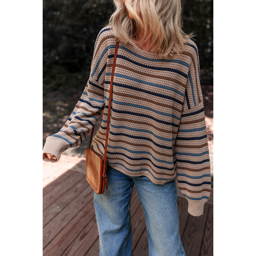 Multicolour Striped Knitted Drop Shoulder Round Neck Sweater Sweaters & Cardigans/Sweaters