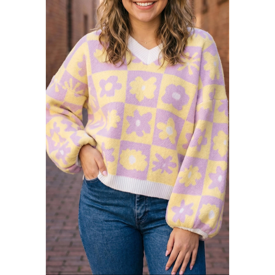 Multicolour V Neck Plaid Floral Long Sleeve Plus Size Sweater / 1X Size/Plus Sweaters & Cardigans