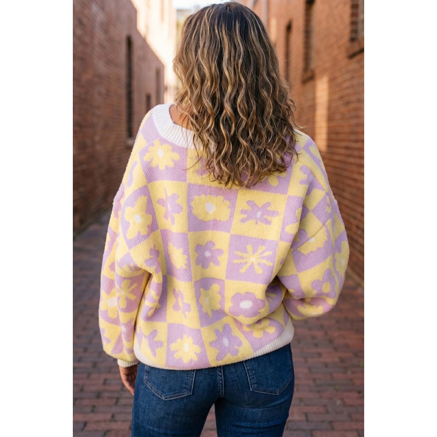 Multicolour V Neck Plaid Floral Long Sleeve Plus Size Sweater / 1X Size/Plus Sweaters & Cardigans